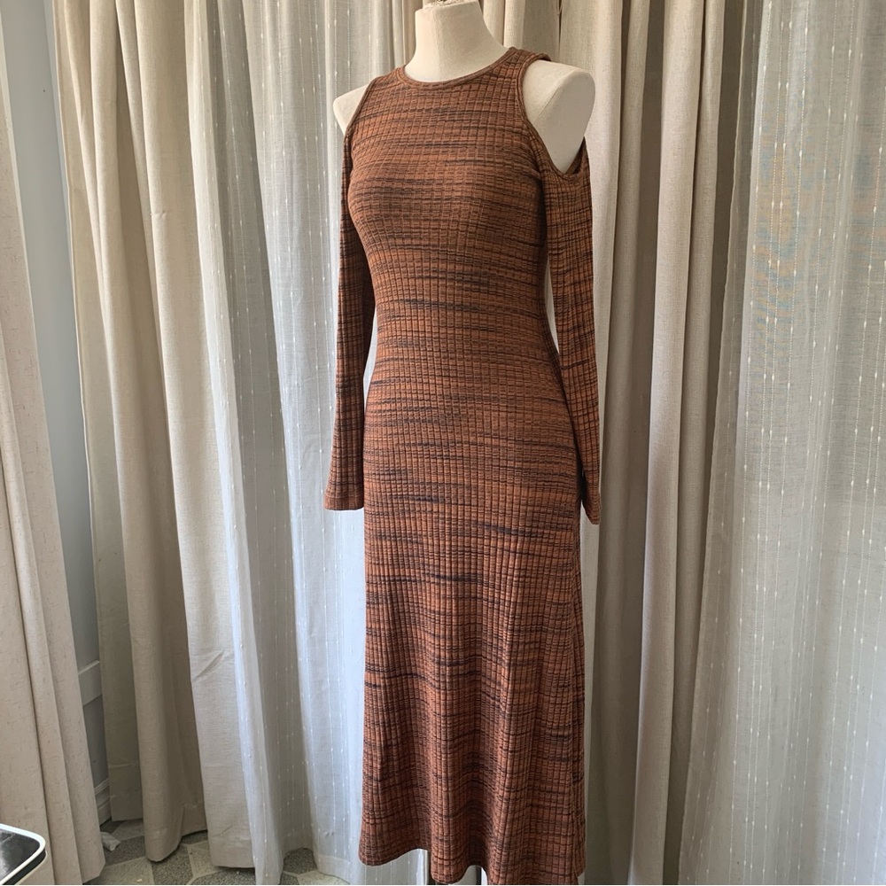 ZARA RUSTY ORANGE OPEN SHOULDER MAXI SLEEVED RIBBED DRESS M - Picture 5 of 10